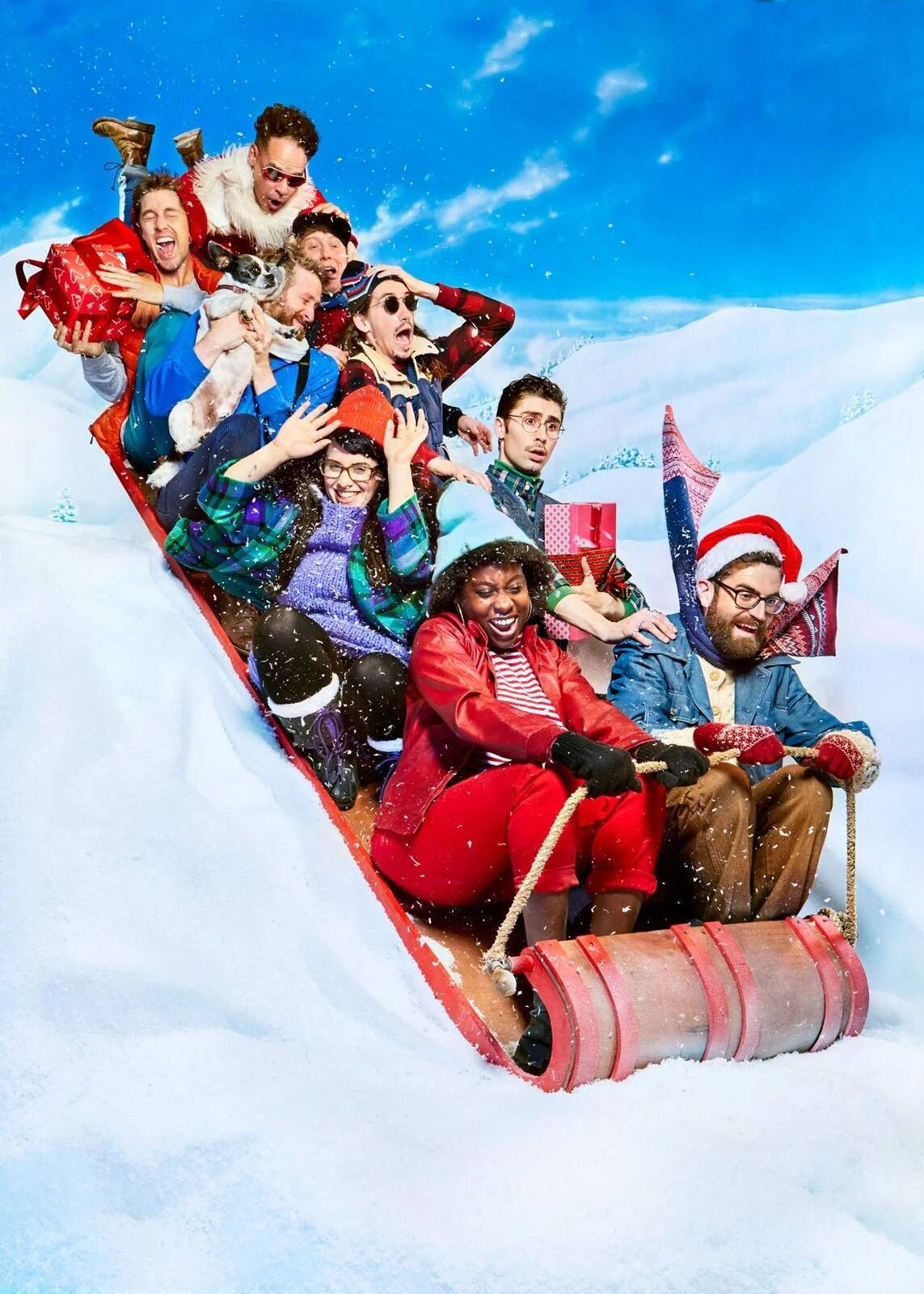 Sled crash holiday card — front