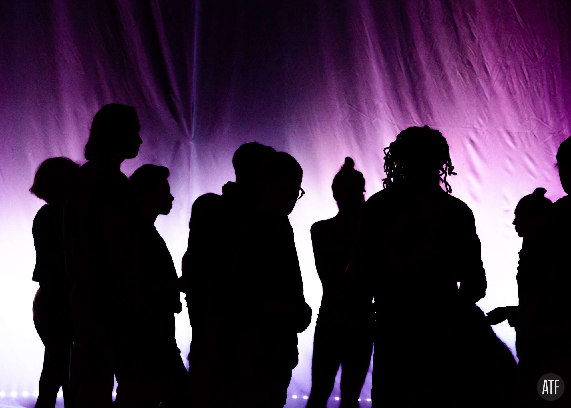 Audience silhouettes in purple light