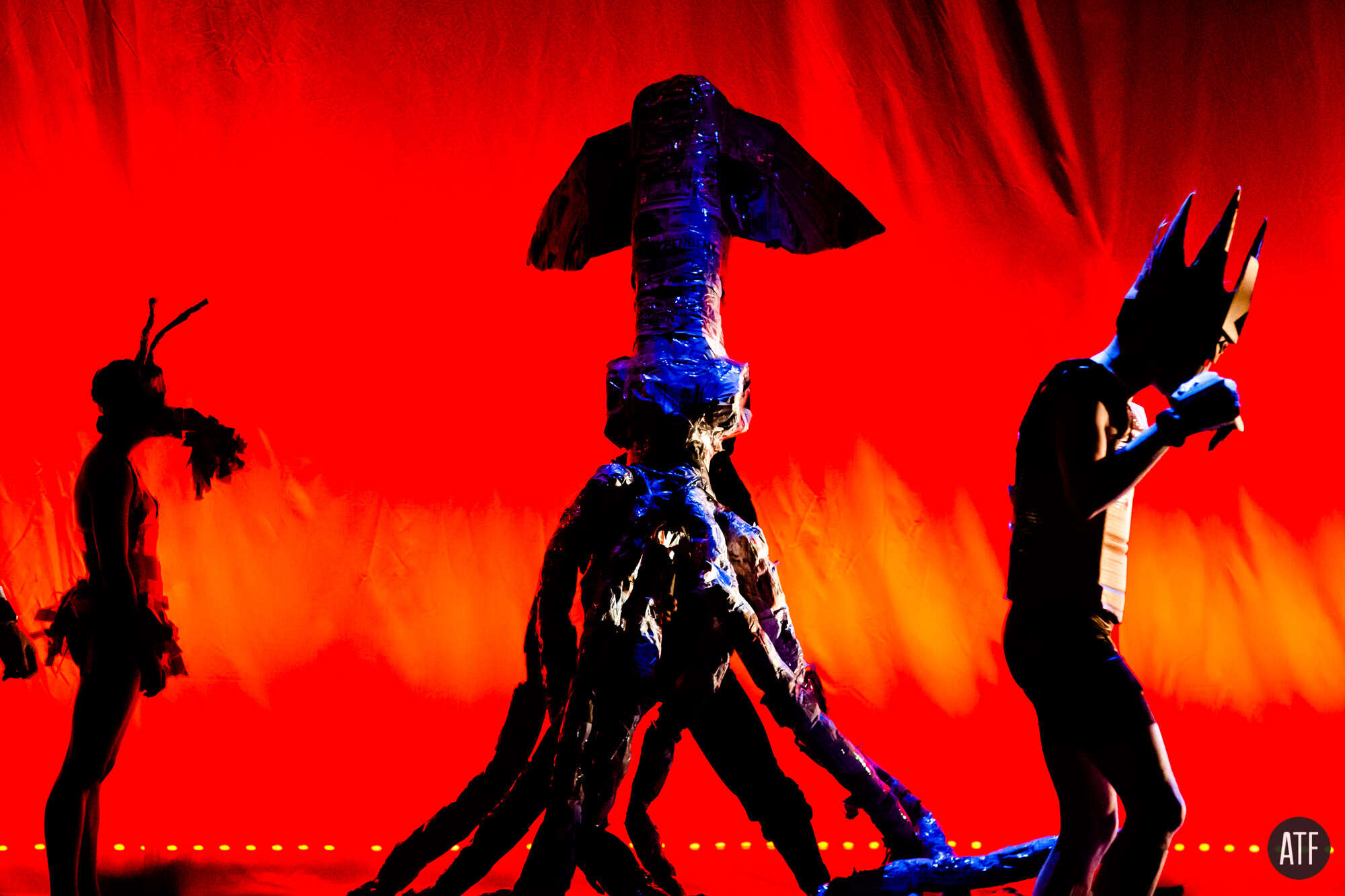 Red fire scene — costumes and silhouettes