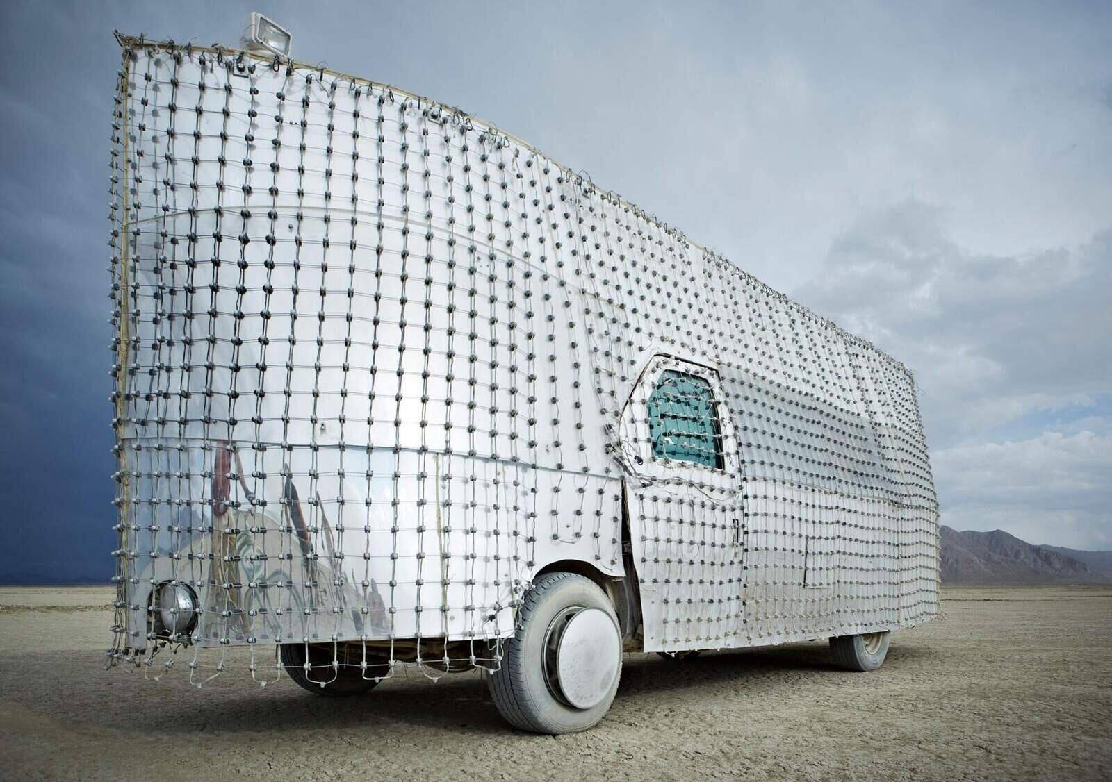 Daytime — LED pixel mesh over mirror skin