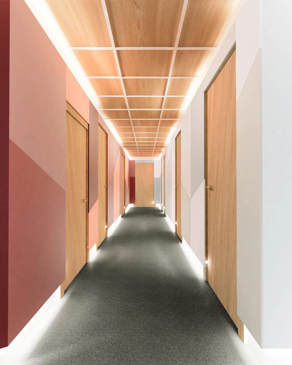 Hallway rendering — wood ceiling grid, geometric color-blocked walls