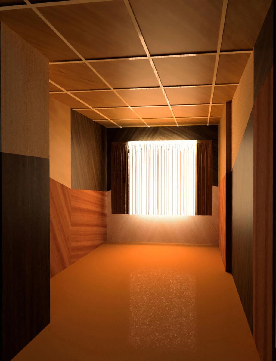 Injection room rendering — zigzag wood panels, backlit screen